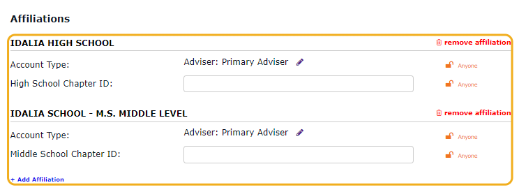The individual is now affiliated to the chapter as a primary adviser.