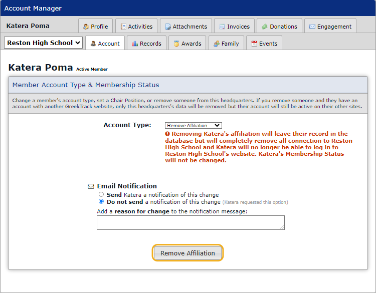 Click on "Remove Affiliation"