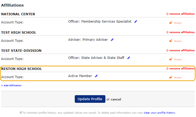 Scroll to the bottom of your profile. Under Affiliation, choose which Institution you want to leave.