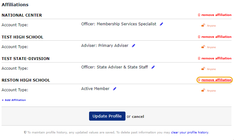 Click on "remove affiliation"